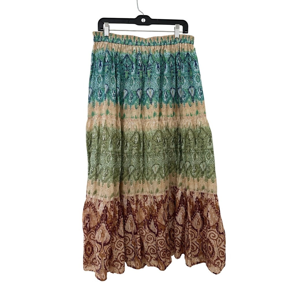 Lane Bryant 14/16 Cotton Tiered Maxi Skirt Boho Paisley Blue Green Brown Western